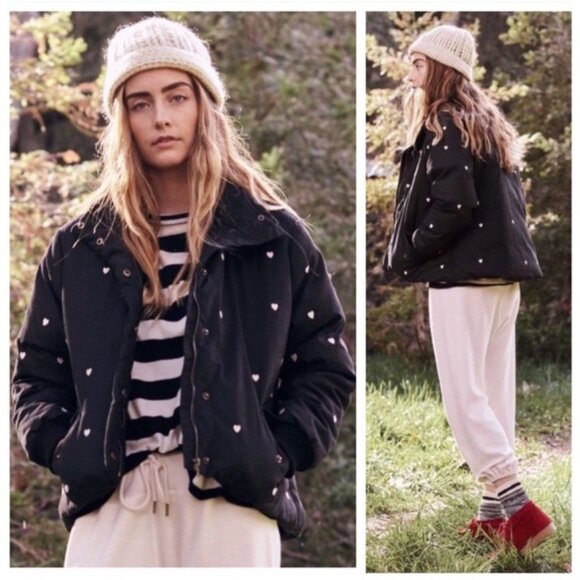 The Great. Woman's Sz 0 (XS) Black Puffer Jacket w/ White Embroidered Hearts - Picture 1 of 13